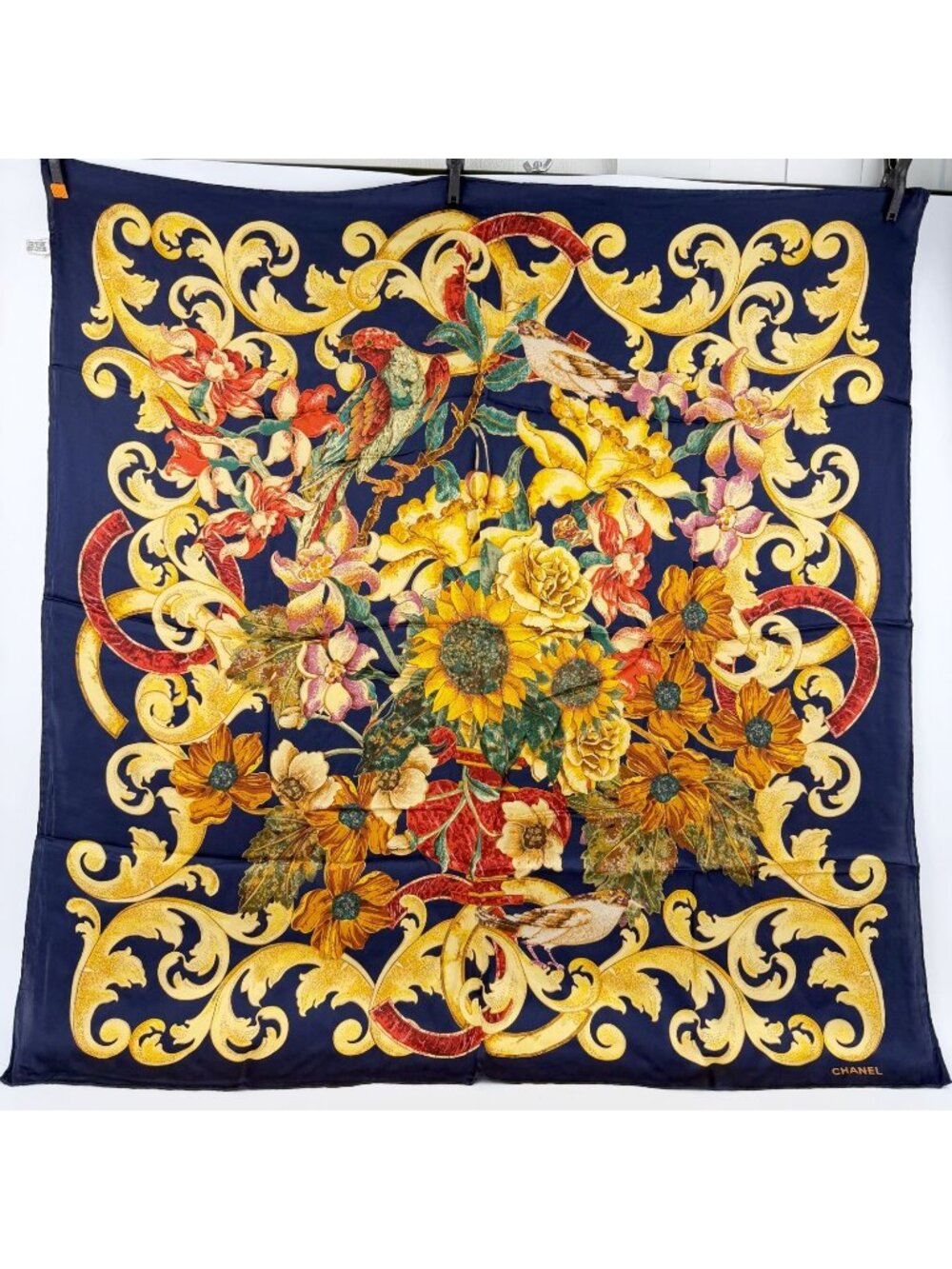 Chanel Flower Baroque Pattern Scarf Silk Navy Gold Multicolor Vintage